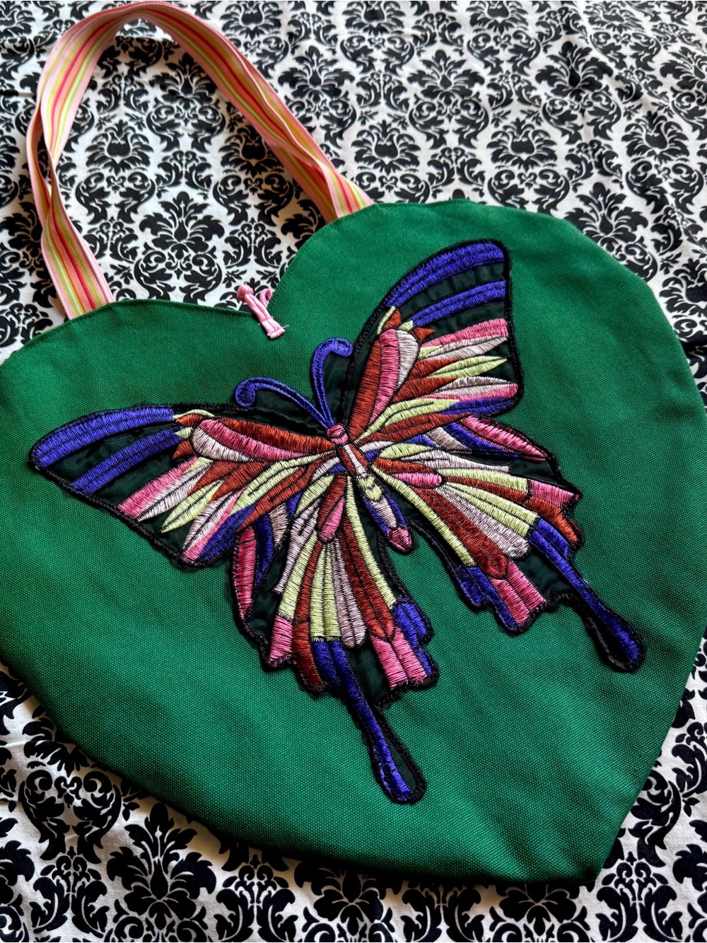 Green Heart Tote with Multicolor Embroidered Butterfly Accent